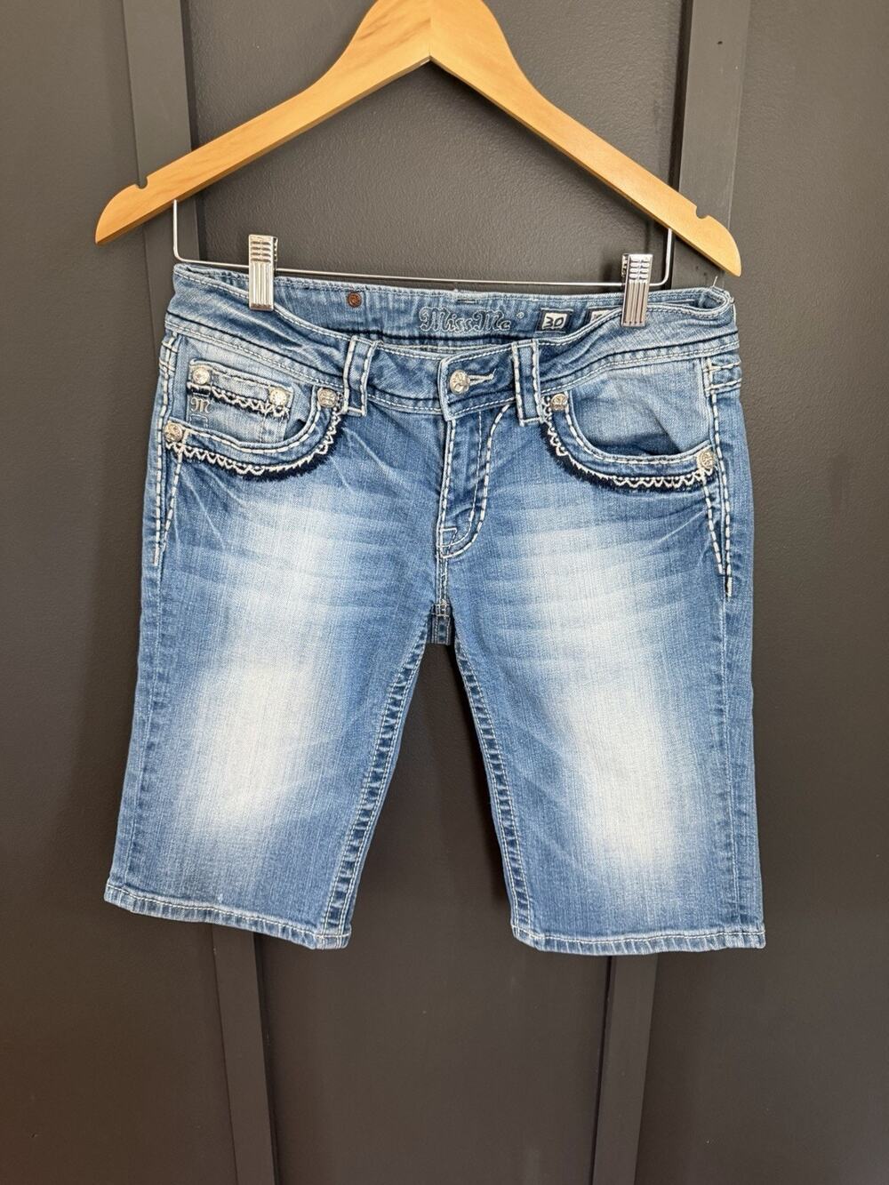 Miss Me Distressed Embroidered Bling Bermuda Medium Wash Denim Shorts Women 30
